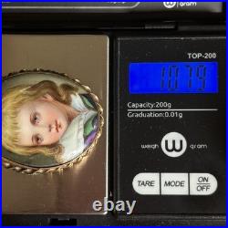 Antique Hand Painted Porcelain Portrait Brooch Victorian Gilt Frame 1.75