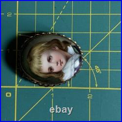 Antique Hand Painted Porcelain Portrait Brooch Victorian Gilt Frame 1.75