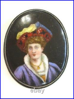 Antique Hand Painted Porcelain Portrait Pin Brooch Fancy Hat Jewels & Regal Garb