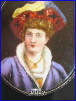 Antique Hand Painted Porcelain Portrait Pin Brooch Fancy Hat Jewels & Regal Garb