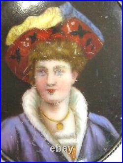 Antique Hand Painted Porcelain Portrait Pin Brooch Fancy Hat Jewels & Regal Garb