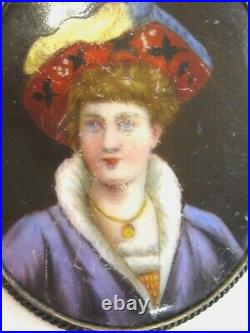 Antique Hand Painted Porcelain Portrait Pin Brooch Fancy Hat Jewels & Regal Garb