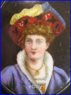 Antique Hand Painted Porcelain Portrait Pin Brooch Fancy Hat Jewels & Regal Garb