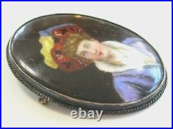 Antique Hand Painted Porcelain Portrait Pin Brooch Fancy Hat Jewels & Regal Garb