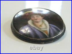 Antique Hand Painted Porcelain Portrait Pin Brooch Fancy Hat Jewels & Regal Garb