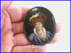 Antique Hand Painted Porcelain Portrait Pin Brooch Fancy Hat Jewels & Regal Garb