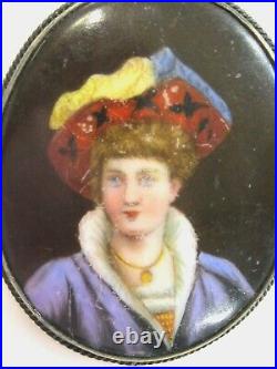 Antique Hand Painted Porcelain Portrait Pin Brooch Fancy Hat Jewels & Regal Garb