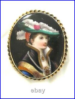 Antique Hand Painted Porcelain Portrait Pin Brooch Fancy Hat Jewels Royal Dress
