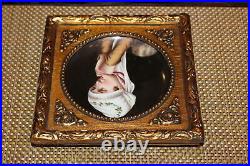 Antique Hand Painted Porcelain Portrait Plate Framed Woman Holding Hands Gilded