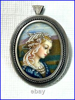 Antique Hand Painted Portrait Young Woman Pin Brooch Necklace Sterling Silver