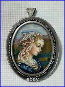 Antique Hand Painted Portrait Young Woman Pin Brooch Necklace Sterling Silver