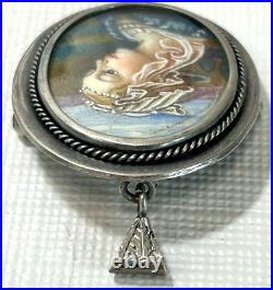 Antique Hand Painted Portrait Young Woman Pin Brooch Necklace Sterling Silver