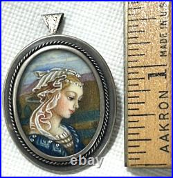 Antique Hand Painted Portrait Young Woman Pin Brooch Necklace Sterling Silver