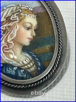 Antique Hand Painted Portrait Young Woman Pin Brooch Necklace Sterling Silver