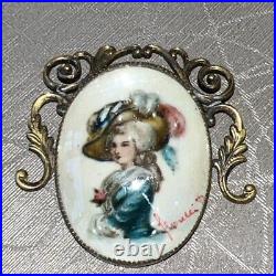 Antique Hand Painted Signed Victorian Woman Brooch 2 3/4 X 2 3/4