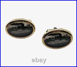 Antique Hand Painted Steamship Cufflink Set Victorian Celluloid Titanic Cuff