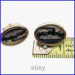 Antique Hand Painted Steamship Cufflink Set Victorian Celluloid Titanic Cuff