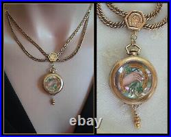 Antique Hand Painted Victorian Hand Four Leaf Clover Horseshoe Gold Filled Chain