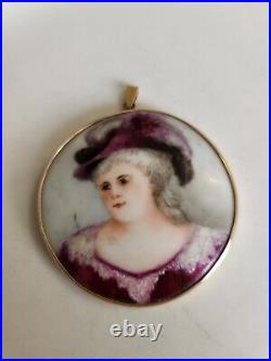 Antique Hand Painted Victorian Porcelain Brooch 2 x 2