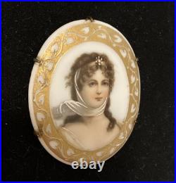 Antique Hand-painted Portrait Queen Louisa of Prussia Brooch Ormolu Gold Trim