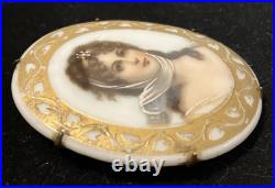 Antique Hand-painted Portrait Queen Louisa of Prussia Brooch Ormolu Gold Trim