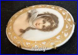Antique Hand-painted Portrait Queen Louisa of Prussia Brooch Ormolu Gold Trim