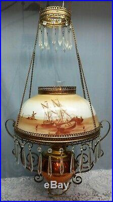Antique Hanging B & H Light Hand Painted Boat Windmill Library Chandelier Copper