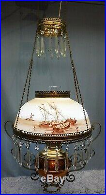 Antique Hanging B & H Light Hand Painted Boat Windmill Library Chandelier Copper