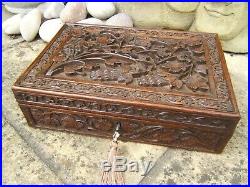 Antique Jewellery Box 19c Hand Carved Anglo Indian Fab Interior