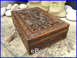 Antique Jewellery Box 19c Hand Carved Anglo Indian Fab Interior