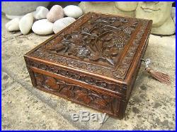 Antique Jewellery Box 19c Hand Carved Anglo Indian Fab Interior