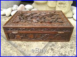 Antique Jewellery Box 19c Hand Carved Anglo Indian Fab Interior