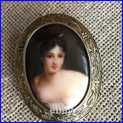 Antique Juliette Recámier Hand Painted Portrait Brooch Porcelain Victorian Vtg