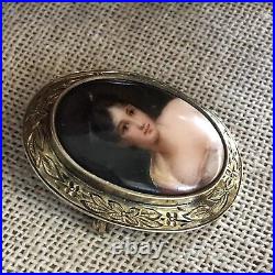 Antique Juliette Recámier Hand Painted Portrait Brooch Porcelain Victorian Vtg