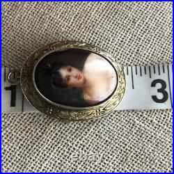 Antique Juliette Recámier Hand Painted Portrait Brooch Porcelain Victorian Vtg