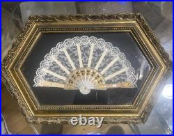 Antique Lace Hand Fan Framed in Ornate Gold Frame Victorian Style