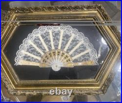 Antique Lace Hand Fan Framed in Ornate Gold Frame Victorian Style