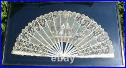 Antique Lace Hand Painted Fan Mother Of Pearl Lace Silk Framed