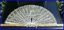 Antique Lace Hand Painted Fan Mother Of Pearl Lace Silk Framed