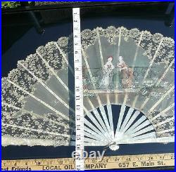 Antique Lace Hand Painted Fan Mother Of Pearl Lace Silk Framed