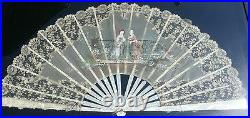 Antique Lace Hand Painted Fan Mother Of Pearl Lace Silk Framed