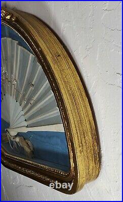 Antique Ladies Hand Fan Embroidered Silk in Gilded Gesso Frame