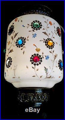Antique Lantern Lamp Jewelled Glass Victorian Rise & Fall Hand Enamelled