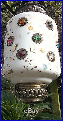 Antique Lantern Lamp Jewelled Glass Victorian Rise & Fall Hand Enamelled