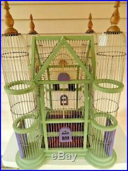 Antique Large Hand Crafted Victorian 4 Turrets Wood And Wire Bird Cage W Feeders