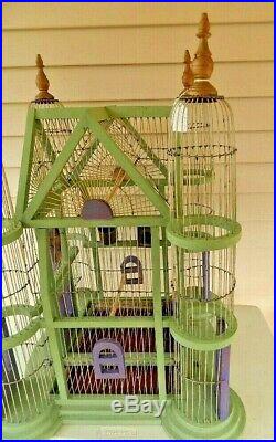Antique Large Hand Crafted Victorian 4 Turrets Wood And Wire Bird Cage W Feeders