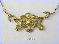 Antique Lavalier Necklace Victorian Period Diamond Seed Pearl Floral 14K 18