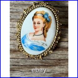 Antique Limoges Brooch France Hand Painted Porcelain Cameo Brooch Pin Pendant