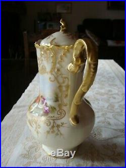 Antique Limoges France Hand Painted Chocolate Coffee Tea Pot, Heavy Gold, 10