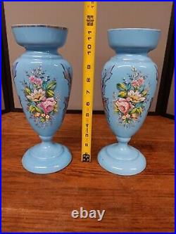 Antique Lot Of 2 Victorian Glass Vase Harrach Blue Opaline Hand Painted Flowers